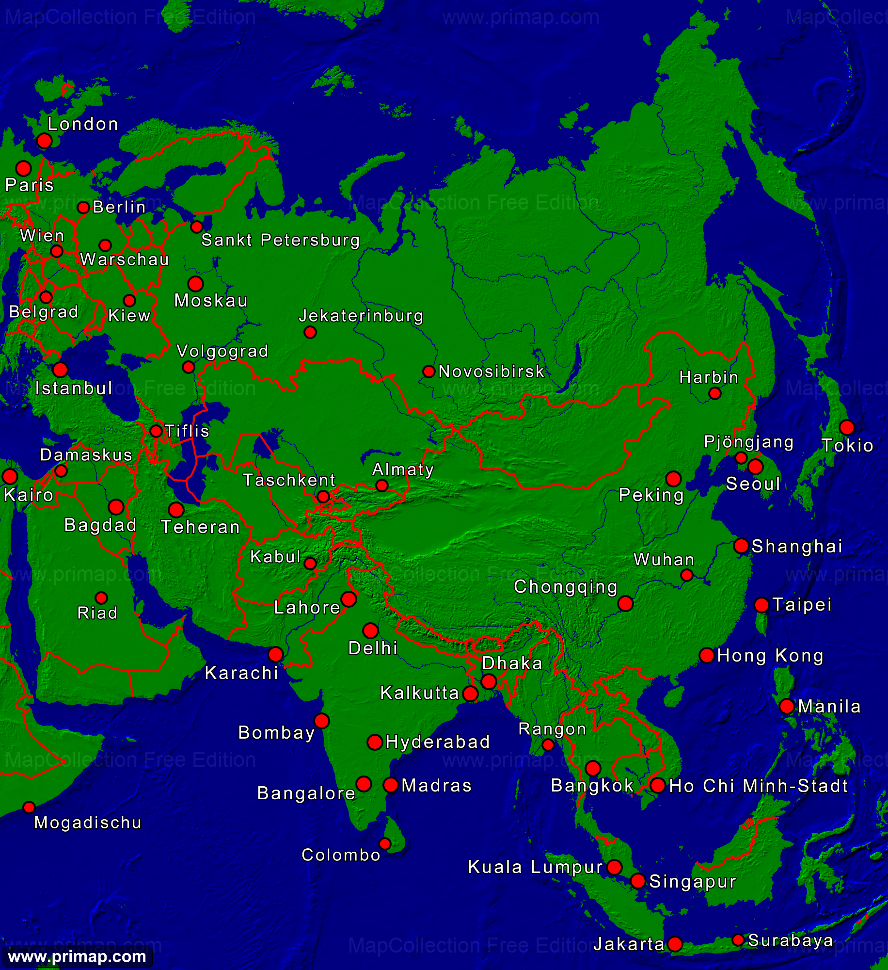 Asien Städte Karte primap Kontinentalkarten